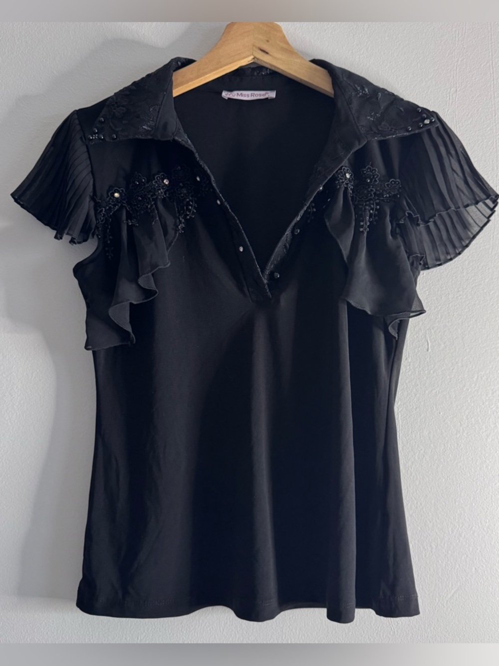 Vintage/Y2K Miss Rose Black Lace & Rhinestone Embellished Top Pleated Sleeves L